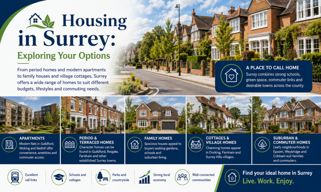 Housing in Surrey graphic showing apartments, period terraces, family homes, cottages, village homes and commuter neighbourhoods, with icons for rail links, schools, parks, economy and communities. Why Move to Surrey