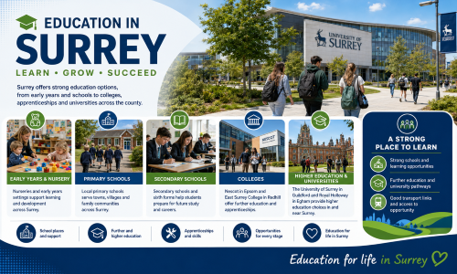 Education in Surrey graphic showing the University of Surrey, Royal Holloway, Nescot, East Surrey College, nurseries, schools and icons for apprenticeships, skills, transport and learning opportunities. Why Move to Surrey