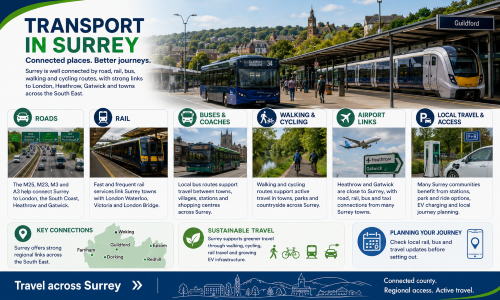 Transport in Surrey graphic showing road, rail, bus, airport links, walking, cycling, EV charging, local travel access and key towns including Guildford, Woking, Epsom, Dorking, Farnham and Redhill. Why Move to Surrey