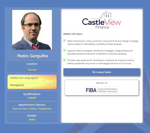 Mortgage adviser profile card for a Surrey-based CastleView Finance adviser, showing a headshot, location, Portuguese language support, CeMAP qualification, appointment options, key mortgage and protection skills, and FIBA membership. Why Move to Surrey