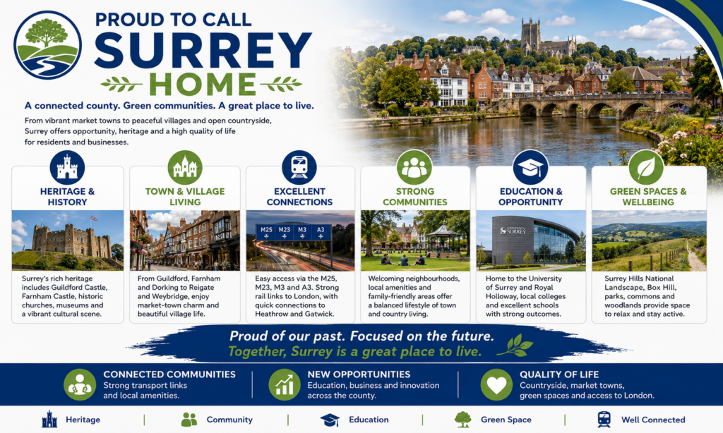 Proud to Call Surrey Home graphic showing Surrey towns, village living, heritage sites, transport links, schools, green spaces, local communities and quality of life. Why Move to Surrey