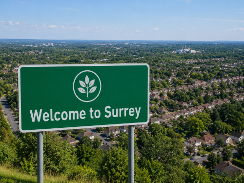 Welcome to Surrey road sign overlooking green countryside, trees and a town landscape under a blue sky. Why Move to Surrey