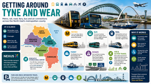 A Tyne and Wear transport infographic titled “Getting Around Tyne and Wear”, showing a colour-coded map of Newcastle upon Tyne, Gateshead, North Tyneside, South Tyneside and Sunderland, with information on Metro, bus, rail, ferry, roads, Newcastle International Airport, active travel, park-and-ride and regional connections. Why Move to Tyne and Wear