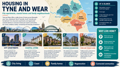 A Tyne and Wear housing infographic titled “Housing in Tyne and Wear”, showing a colour-coded map of Newcastle upon Tyne, Gateshead, North Tyneside, South Tyneside and Sunderland, with housing options including city apartments, coastal living, family neighbourhoods, riverside regeneration, town terraces and connected communities. Why Move to Tyne and Wear