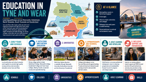 A Tyne and Wear education infographic titled “Education in Tyne and Wear”, showing a colour-coded map of Newcastle upon Tyne, Gateshead, North Tyneside, South Tyneside and Sunderland, with sections on early years, schools, colleges, universities, apprenticeships, technical skills, adult learning and inclusive learner support. Why Move to Tyne and Wear