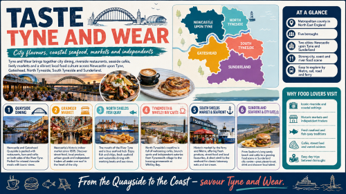 A Tyne and Wear food and drink infographic titled “Taste Tyne and Wear”, showing a colour-coded map of Newcastle upon Tyne, Gateshead, North Tyneside, South Tyneside and Sunderland, with highlights including Quayside dining, Grainger Market, North Shields Fish Quay, Tynemouth and Whitley Bay cafés, South Shields Market and seafront, Sunderland seafront, seafood, cafés and local food experiences. Why Move to Tyne and Wear
