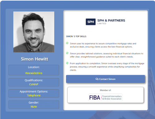 Profile card for Simon Hewitt, a male mortgage adviser based in Warwickshire with CeMAP qualifications. The card shows his portrait, telephone appointment availability, and highlights his experience securing competitive mortgage rates, exclusive deals and tailored mortgage guidance. The design includes the SPH & Partners Limited logo, a “Contact Simon” button and FIBA membership branding. Why Move to Warwickshire