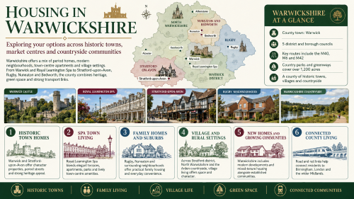 A Warwickshire housing infographic titled “Housing in Warwickshire”, showing a county map with Warwick, Royal Leamington Spa, Stratford-upon-Avon, Rugby, Nuneaton, Bedworth, Kenilworth, Atherstone and Alcester, alongside housing themes including historic town homes, spa town living, family suburbs, village settings, new homes and connected county living. Why Move to Warwickshire