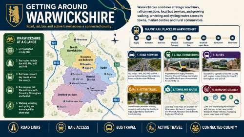 A Warwickshire transport infographic titled “Getting Around Warwickshire”, showing a county map with key places such as Atherstone, Nuneaton, Bedworth, Rugby, Warwick, Warwick Parkway, Royal Leamington Spa, Stratford-upon-Avon, Kenilworth and Alcester, alongside transport themes including road links, rail connections, buses, active travel, route maps and Warwickshire’s Local Transport Plan. Why Move to Warwickshire