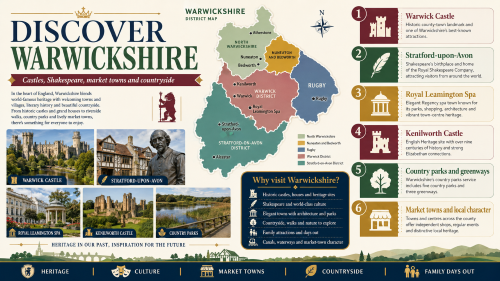 A Warwickshire discovery infographic titled “Discover Warwickshire”, featuring a colour-coded district map with Atherstone, Nuneaton, Bedworth, Rugby, Kenilworth, Warwick, Royal Leamington Spa, Stratford-upon-Avon and Alcester, alongside highlights including Warwick Castle, Stratford-upon-Avon, Royal Leamington Spa, Kenilworth Castle, country parks, greenways, market towns, heritage, culture and countryside. Why Move to Warwickshire