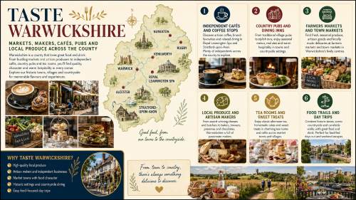 A Warwickshire food and drink infographic titled “Taste Warwickshire”, featuring a county map with Warwick, Royal Leamington Spa, Stratford-upon-Avon, Rugby, Nuneaton, Kenilworth and Alcester, alongside highlights of independent cafés, country pubs, farmers markets, local produce, artisan makers, tea rooms, sweet treats and food-focused day trips. Why Move to Warwickshire