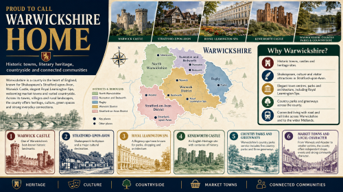 A Warwickshire county pride infographic titled “Proud to Call Warwickshire Home”, featuring a colour-coded district map with Warwick, Royal Leamington Spa, Stratford-upon-Avon, Rugby, Nuneaton, Bedworth, Kenilworth, Atherstone and Alcester, alongside highlights including Warwick Castle, Stratford-upon-Avon, Royal Leamington Spa, Kenilworth Castle, country parks, greenways, market towns, heritage, culture, countryside and connected communities. Why Move to Warwickshire