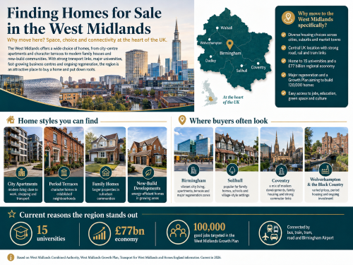 Infographic titled “Finding Homes for Sale in the West Midlands”, showing Birmingham’s skyline, a regional map highlighting Birmingham, Wolverhampton, Walsall, Dudley, Solihull and Coventry, and housing options such as city apartments, period terraces, family homes and new-build developments. The graphic explains why buyers move to the West Midlands, including diverse property choices, strong transport links, universities, economic growth, regeneration plans and access to jobs, education, green space and culture. Why Move to West Midlands
