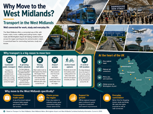 Infographic titled “Why Move to the West Midlands? Transport in the West Midlands”, showing trams, Birmingham New Street station, buses, cycling routes, motorway links and Birmingham Airport. The graphic highlights public transport, the growing Metro network, strong rail connections, active travel options, road access and a regional map featuring Birmingham, Coventry, Wolverhampton, Walsall, Dudley and Solihull. Why Move to West Midlands