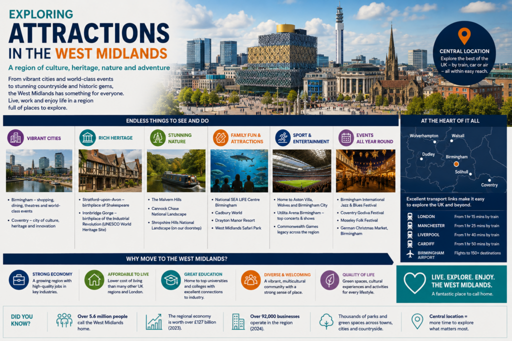 Infographic titled “Exploring Attractions in the West Midlands”, featuring Birmingham’s skyline and sections on vibrant cities, rich heritage, nature, family attractions, sport, entertainment and year-round events. The graphic highlights Birmingham, Coventry, Wolverhampton, Dudley, Walsall and Solihull, with examples including Stratford-upon-Avon, Ironbridge Gorge, Cannock Chase, the National SEA LIFE Centre, Cadbury World, Villa Park, Utilita Arena Birmingham and the Birmingham German Christmas Market. Why Move to West Midlands