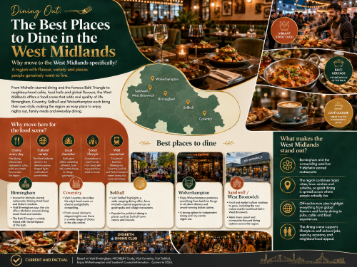Infographic titled “Dining Out: The Best Places to Dine in the West Midlands”, featuring restaurant dining, street food, balti dishes, café culture and a regional map highlighting Birmingham, Coventry, Solihull, Wolverhampton, Sandwell and West Bromwich. The graphic promotes the West Midlands food scene, including Michelin-starred restaurants, the Balti Triangle, independent cafés, global cuisine, neighbourhood dining, markets and well-connected places to eat across the region. Why Move to West Midlands
