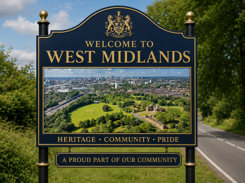 Welcome to West Midlands road sign featuring gold lettering, a crest, and an aerial view of green parkland with the city skyline in the background. Why Move to West Midlands