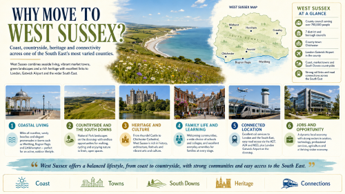 A West Sussex relocation infographic titled “Why Move to West Sussex?”, showing a county map with Chichester, Crawley, Horsham, Worthing, Bognor Regis, Arundel and Midhurst, alongside highlights of coastal living, the South Downs, heritage, family life, transport links, jobs and regional connections. Why Move to West Sussex