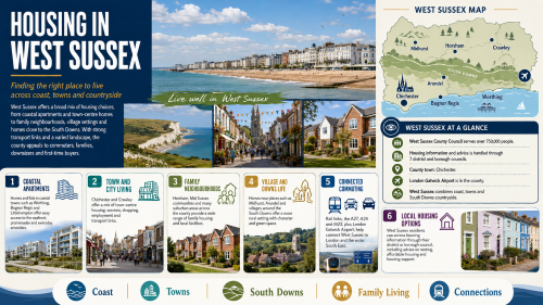 A West Sussex housing infographic titled “Housing in West Sussex”, showing a county map with Chichester, Bognor Regis, Worthing, Crawley, Horsham, Arundel and Midhurst, alongside housing options including coastal apartments, town and city living, family neighbourhoods, village and South Downs homes, connected commuting and local housing support. Why Move to West Sussex