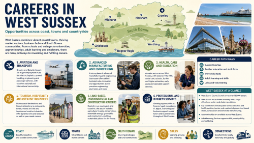A West Sussex careers infographic titled “Careers in West Sussex”, showing a county map with Chichester, Bognor Regis, Worthing, Horsham, Crawley and Midhurst, alongside career sectors including aviation and transport, advanced manufacturing, health and care, education, tourism, hospitality, land-based work, construction and business services. Why Move to West Sussex