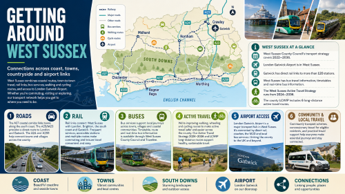 A West Sussex transport infographic titled “Getting Around West Sussex”, showing a county map with Chichester, Bognor Regis, Worthing, Horsham, Crawley, Midhurst and Gatwick, alongside transport information on roads, rail, buses, active travel, airport access, community transport and regional connections. Why Move to West Sussex