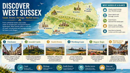 A West Sussex discovery infographic titled “Discover West Sussex”, showing a county map with Chichester, Arundel, Bognor Regis, Worthing, Horsham, Crawley and Midhurst, alongside highlights including the South Downs, Chichester Cathedral, Arundel Castle, Worthing Coast, Bognor Regis, market towns, heritage, coastal communities and days out. Why Move to West Sussex