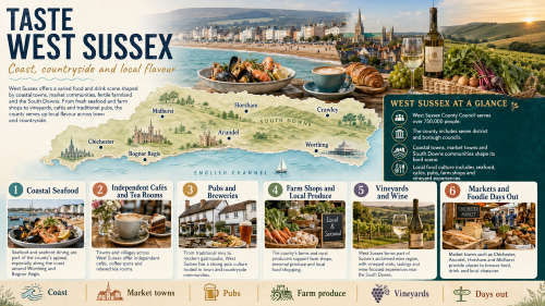 A West Sussex food and drink infographic titled “Taste West Sussex”, showing a county map with Chichester, Arundel, Worthing, Horsham, Midhurst, Crawley and Bognor Regis, alongside highlights including coastal seafood, independent cafés, pubs, farm shops, local produce, vineyards, markets and foodie days out. Why Move to West Sussex