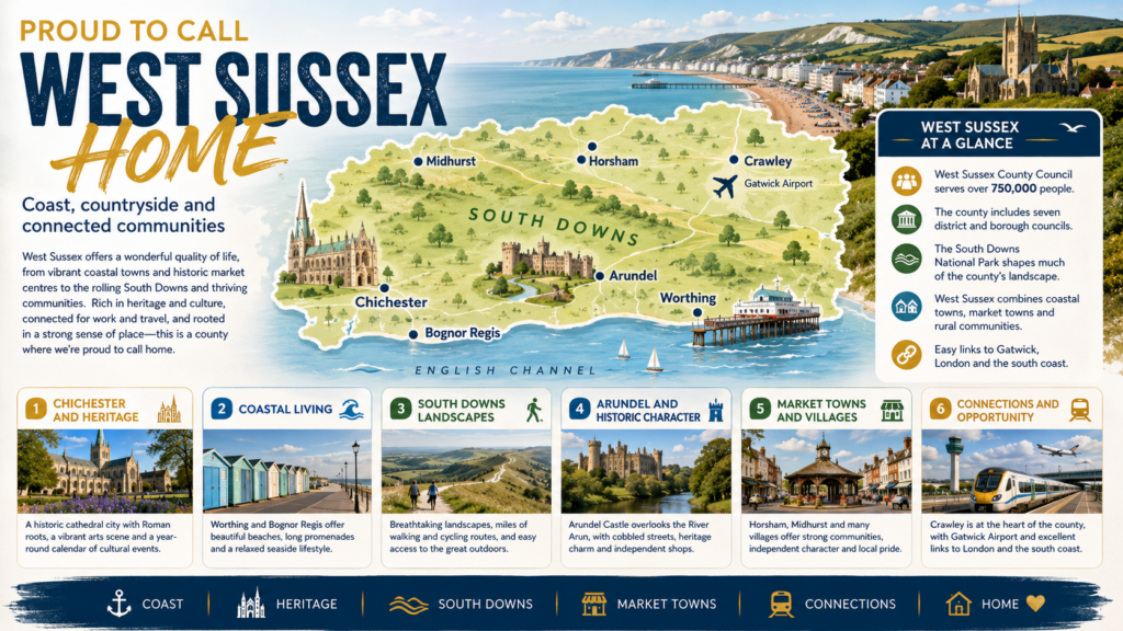 A West Sussex lifestyle infographic titled “Proud to Call West Sussex Home”, showing a county map with Chichester, Bognor Regis, Worthing, Arundel, Horsham, Crawley and Midhurst, alongside highlights including coastal living, South Downs landscapes, Chichester heritage, Arundel Castle, market towns, villages, Gatwick connections and a strong sense of home. Why Move to West Sussex