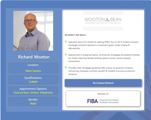 A mortgage adviser profile graphic showing a professional headshot, West Sussex location, contact options, specialist mortgage skills, Wooton & Bean branding and FIBA membership details. Why Move to West Sussex