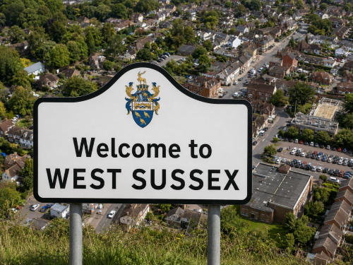 Welcome to West Sussex road sign overlooking an aerial view of a town with houses, roads, greenery and local buildings. Why Move to West Sussex