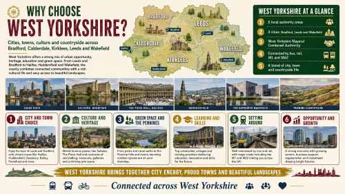 A West Yorkshire relocation infographic titled “Why Choose West Yorkshire?”, showing Bradford, Calderdale, Kirklees, Leeds and Wakefield on a county map, with highlights including Leeds Dock, Saltaire, The Piece Hall, Huddersfield, The Hepworth Wakefield, Pennine countryside, transport links, culture, learning, opportunity and growth. Why Move to West Yorkshire