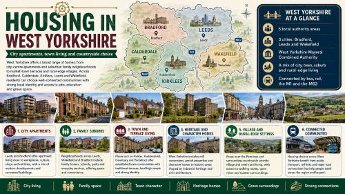 A West Yorkshire housing infographic titled “Housing in West Yorkshire”, showing Bradford, Calderdale, Kirklees, Leeds and Wakefield on a county map, with housing options including city apartments, family suburbs, town and terrace living, heritage homes, rural-edge settings and connected communities. Why Move to West Yorkshire