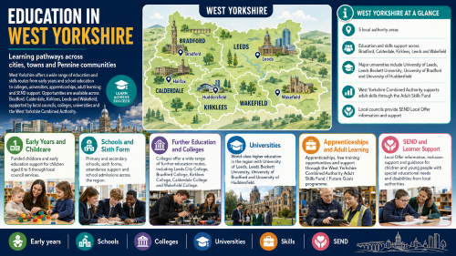 A West Yorkshire education infographic titled “Education in West Yorkshire”, showing Bradford, Calderdale, Kirklees, Leeds and Wakefield on a county map, with learning pathways for early years, schools, colleges, universities, apprenticeships, adult learning, skills and SEND support. Why Move to West Yorkshire