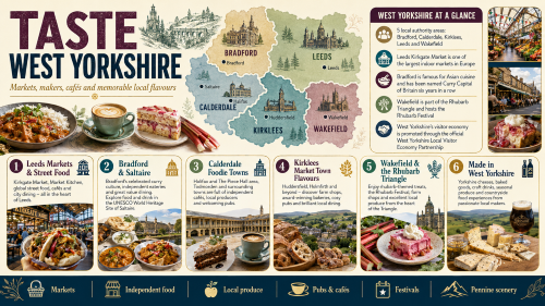 A West Yorkshire food and drink infographic titled “Taste West Yorkshire”, showing Bradford, Calderdale, Kirklees, Leeds and Wakefield on a county map, with highlights including Leeds markets and street food, Bradford curry culture, Saltaire, Calderdale foodie towns, Kirklees market town flavours, Wakefield’s Rhubarb Triangle, local produce, pubs, cafés, festivals and Pennine scenery. Why Move to West Yorkshire