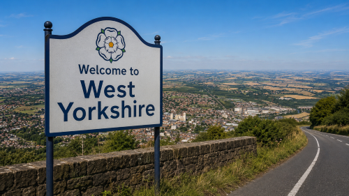 Welcome to West Yorkshire road sign with a white rose emblem, overlooking towns, countryside, fields and a winding road under a clear blue sky. Why Move to West Yorkshire