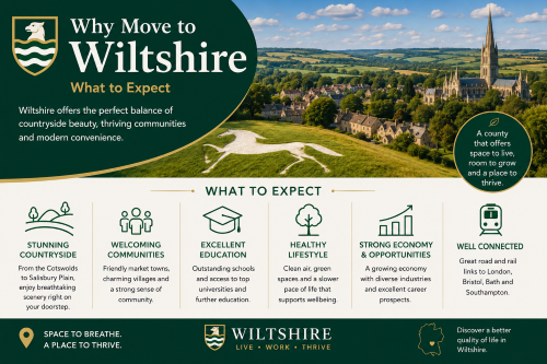 Why Move to Wiltshire infographic showing countryside views, a cathedral skyline, the Wiltshire white horse, and key lifestyle benefits including stunning countryside, welcoming communities, excellent education, healthy living, a strong economy, and good transport links.
