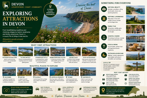 Why Move to Wiltshire: Exploring Attractions in Devon infographic with a green, cream and gold travel-themed design, Devon crest, dramatic coastline, countryside and visitor attraction sections. The image highlights natural beauty, historic landmarks, family fun, coastal charm, food and drink, outdoor adventure and must-visit attractions including Dartmoor National Park, the Eden Project, Powderham Castle, Babbacombe Model Village, the Jurassic Coast and South Devon Railway, plus towns such as Salcombe, Exeter, Clovelly, Lynton and Lynmouth, Totnes and Dartmouth.