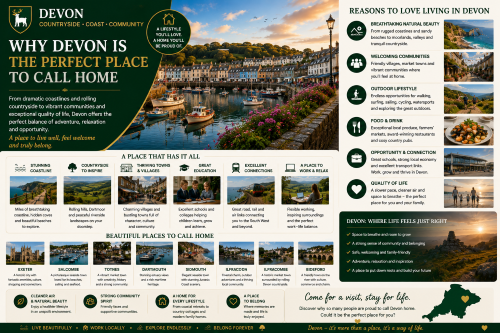 Why Move to Wiltshire: Devon lifestyle infographic showing a green, cream and gold county-themed design with a coastal harbour, countryside views, thriving towns, schools, transport links and family lifestyle sections. The image highlights reasons to call Devon home, including natural beauty, welcoming communities, outdoor living, food and drink, education, connectivity, quality of life and popular places such as Exeter, Salcombe, Totnes, Dartmouth, Sidmouth, Ilfracombe and Bideford.
