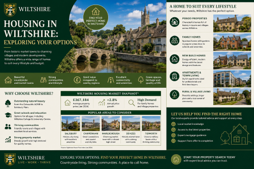 Why Move to Wiltshire: Housing in Wiltshire infographic showing a green and cream county-themed design with the Wiltshire crest, countryside village homes, market towns and housing options. The image highlights period properties, family homes, new build homes, apartments, town living, rural village living, popular areas such as Salisbury, Chippenham, Marlborough, Devizes and Tidworth, plus reasons to choose Wiltshire including countryside, strong communities, schools, connectivity and quality of life.