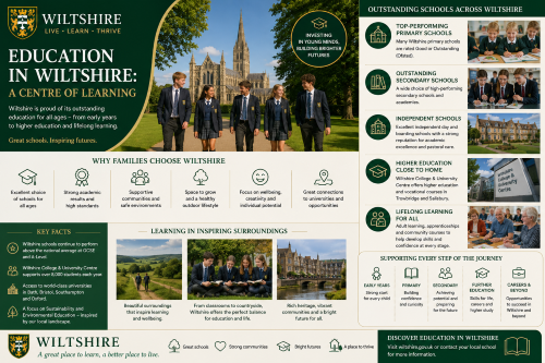 Why Move to Wiltshire: Education in Wiltshire infographic showing a green and cream county-themed design with the Wiltshire crest, Salisbury Cathedral, students in uniform and learning-focused sections. The image highlights primary schools, secondary schools, independent schools, Wiltshire College and University Centre, lifelong learning, supportive communities, countryside settings, wellbeing, career pathways and strong education options for families across Wiltshire.