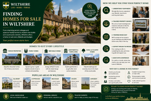 Why Move to Wiltshire: Finding Homes for Sale in Wiltshire infographic with a green, cream and gold county-themed design, Wiltshire-style crest, village cottages, countryside homes and a local property search layout. The image highlights period properties, family homes, new build homes, apartments, town living and rural country homes, with popular areas including Salisbury, Chippenham, Melksham, Devizes and Amesbury. It also explains buyer support, local knowledge, tailored property searches, viewings, offer support and key reasons to buy in Wiltshire, including countryside, schools, transport links, communities and quality of life.