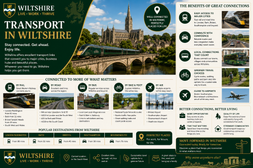 Why Move to Wiltshire: Transport in Wiltshire infographic with a green, cream and gold county-themed design, Wiltshire-style crest, Salisbury Cathedral, a Great Western Railway train, roads, buses, cycling routes and airport access. The image highlights rail links to London Paddington, Bath and Bristol, road connections via the M4, A303, A36 and A338, local bus services, active travel options, nearby airports, commuting benefits, countryside access and why Wiltshire is well connected for work, study, leisure and family life.