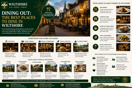 Why Move to Wiltshire: Transport in Wiltshire infographic with a green, cream and gold county-themed design, Wiltshire-style crest, Salisbury Cathedral, a GWR train, buses, road links, cycling routes and airport access. The image highlights Wiltshire transport options by rail, road, bus, bike, foot and air, with links to London Paddington, Bath, Bristol, Southampton, Bournemouth and nearby airports, while promoting connectivity, commuting, greener travel and quality of life across Wiltshire.