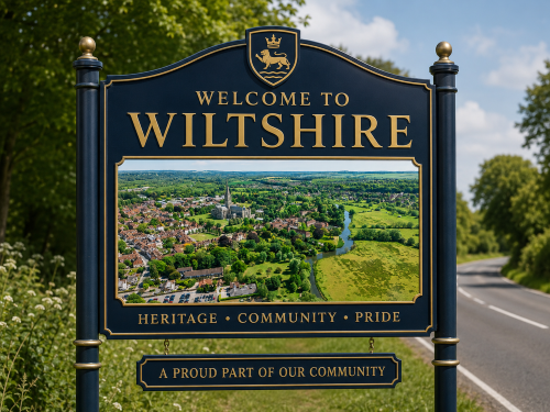 Welcome to Wiltshire road sign featuring gold lettering, a crest, and an aerial countryside view with a river, cathedral spire, town buildings, and green fields. Why Move to Wiltshire