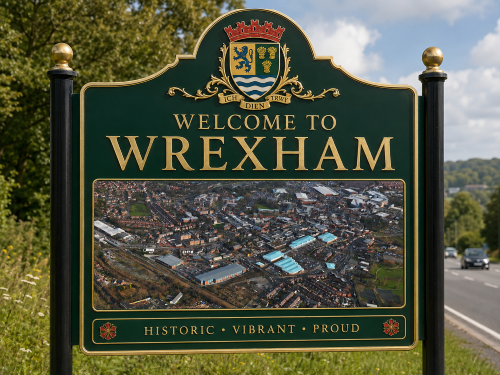 Why Move to Wrexham road sign featuring county-style green and gold colouring, a crest, and an aerial view of the town centre with surrounding homes, roads, and green spaces.