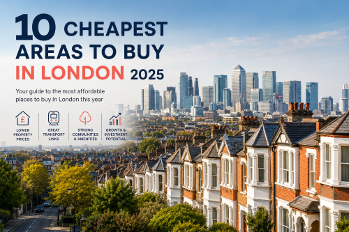 London terraced houses with Canary Wharf skyline, promoting the 10 cheapest areas to buy in London in 2025.