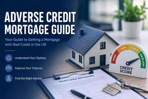 Adverse credit mortgage guide image showing a house model, credit score gauge, mortgage application form and keys, with text about getting a mortgage with bad credit in the UK.