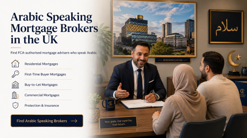 Arabic speaking brokers advising UK clients, with Birmingham Library wall art, Arabic calligraphy, crescent symbol, and mortgage service icons.
