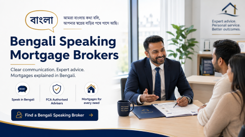 Bengali speaking brokers advising clients in a modern office, with mortgage advice explained clearly in Bengali.