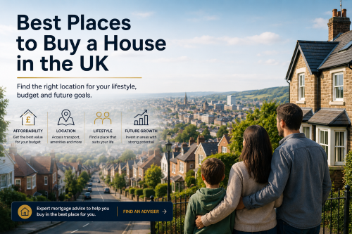 Family overlooking a UK neighbourhood while comparing the best places to buy a house based on affordability, location, lifestyle and future growth.